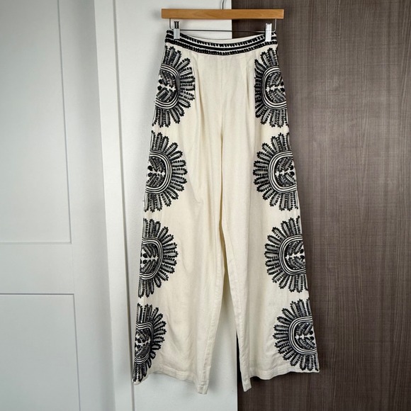 Anthropologie Ollari Cream Embellished Wide Leg Pants - Picture 7 of 16